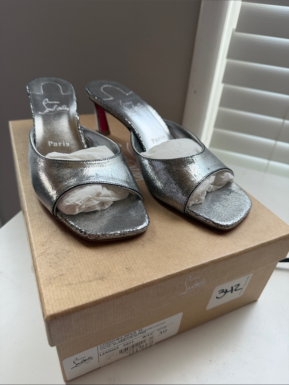 Christian Louboutin Metallic Silver Slide Mules with Red Sole